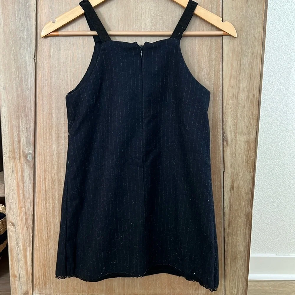 NWOT Zara Dark Navy pinstripe Pinafore strap Wool Dress Black lacy hem size 8